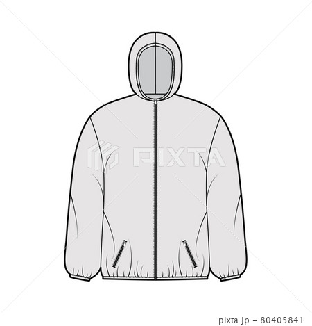 Puffer coat jacket technical fashion illustration with long sleeves, hoody collar, pockets, boxy fit, hip length 80405841