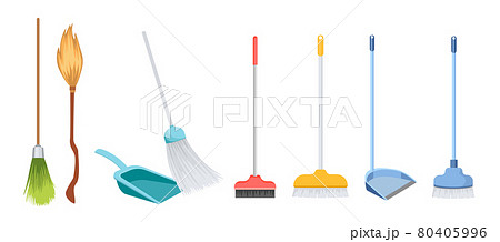 Set of Icons Broom, Scoop and Brushes with Long Handles Household Plastic Tools Isolated on White Background 80405996