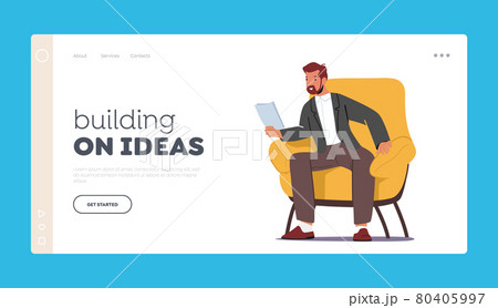 Building on Ideas Landing Page Template. Businessman Character Sitting in Armchair Reading Document, Data Analysis 80405997