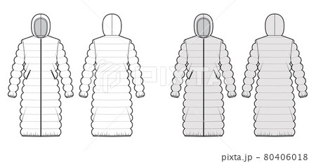 Hooded quilted shell down coat jacket puffer technical fashion illustration with long sleeve, knee length, oversized 80406018