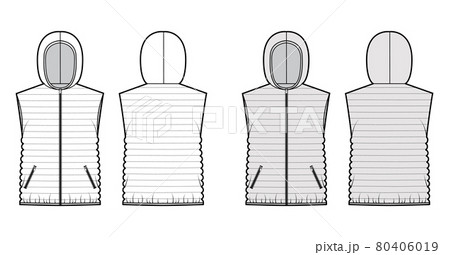 Down vest puffer waistcoat technical fashion illustration with sleeveless, hoody collar, zip-up closure, hip length Down vest puffer waistcoat technical fashion illustration with sleeveless, hoody collar, zip-up closure, hip length 80406019
