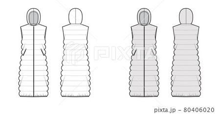 Hooded Down vest puffer waistcoat technical fashion illustration with zip-up closure, midi length, classic quilting 80406020