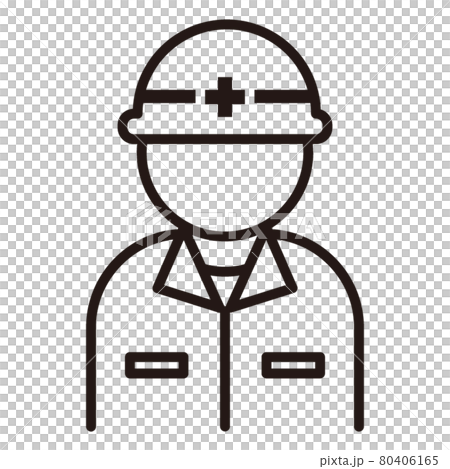 ヘルメットを被った作業員の白黒細線アイコン/白背景 80406165