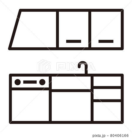 キッチンのシンプルな白黒細線アイコン 白背景のイラスト素材