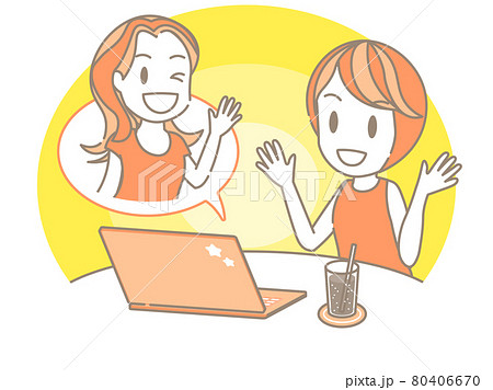 オンラインで楽しくおしゃべりする女性二人 ラインのイラスト素材