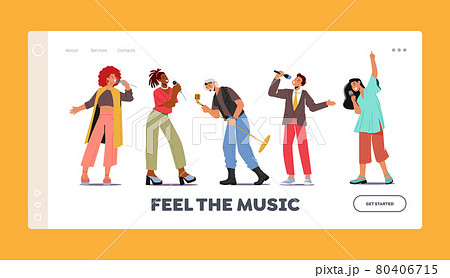 Feel the Music Landing Page Template. People Singing in Karaoke Club. Male or Female Characters Sing with Microphones 80406715
