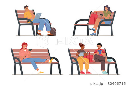 Set of Characters Sitting on Bench with Gadgets. Young Men and Women Communicating Online in Internet. Social Media 80406716
