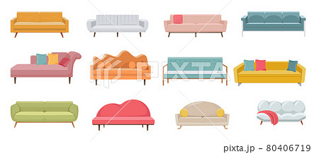 Set of Comfortable Modern Sofa or Couch, Classic or Vintage Lounges with Leather or Fabric Upholstery and Soft Pillows 80406719