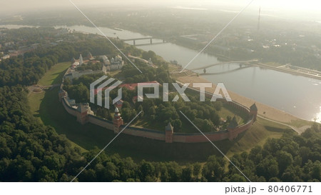 Aerial shot of the Veliky Novgorod Kremlin fortress and the Volkhov River in Russia 80406771