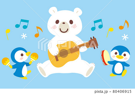 ギターを弾くシロクマとペンギンのイラストのイラスト素材