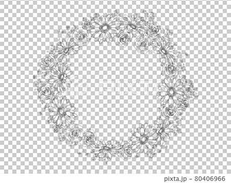 バラとガーベラの丸いフレームの線画 80406966