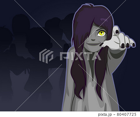 Scary creepy zombie woman with glowing eye stretching hand towards viewer Halloween party holiday Scary creepy zombie woman with glowing eye stretching hand towards viewer Halloween party holiday 80407725