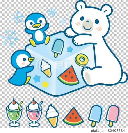 シロクマとペンギンと氷のイラスト＿ライン有りネイビー 80408884