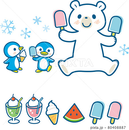 アイスを食べるシロクマとペンギンのイラスト ライン有りネイビーのイラスト素材