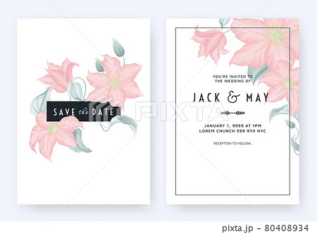 Floral wedding invitation card template design, pink clematis flowers and leaves on white 80408934