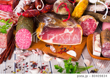 Variety of meats on table Variety of meats on table 80409834