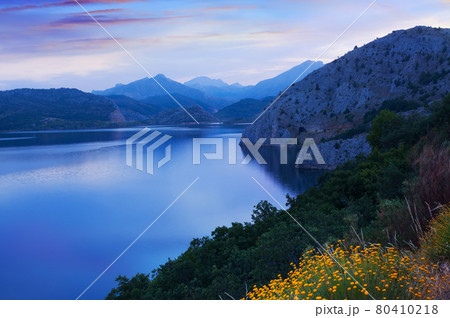 mountains landscape with lake in twilight time 80410218