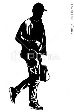Black and white image of a man walking with a small bag Black and white image of a man walking with a small bag 80410793