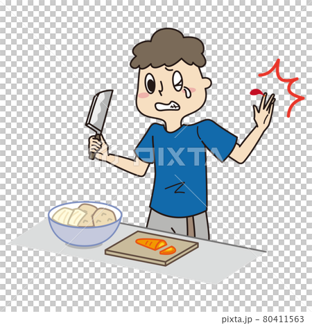 料理中に包丁で指を怪我してしまった男の子のイラスト素材