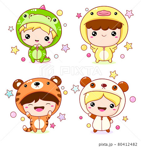 Set Of Kawaii Boy And Girl In Animal Costumesのイラスト素材