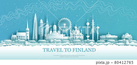 Finland architectural sights in Helsinki with Northern Lights background. Finland architectural sights in Helsinki with Northern Lights background. 80412765