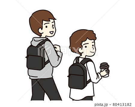 リュックを背負って歩く男子学生の後ろ姿 振り返りのイラスト素材