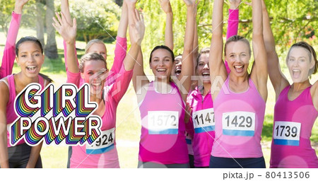 Composition of girl power text over group of women smiling 80413506