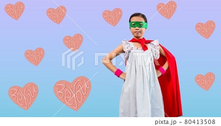 Composition of girl power text over girl in superhero costume 80413508