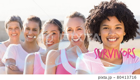 Composition of pink survivors text over group of smiling women 80413716