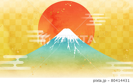 水彩の富士山と日の出のお正月のベクターイラスト背景(朝日,金,市松模様,テクスチャ,日本,年賀状素材 80414431