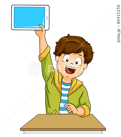 Kid Boy Student Raise Tablet Answer Illustration Kid Boy Student Raise Tablet Answer Illustration 80415256