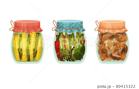 Closed with Lid Glass Jar with Preserved Corn and Asparagus Vector Set Closed with Lid Glass Jar with Preserved Corn and Asparagus Vector Set 80415322