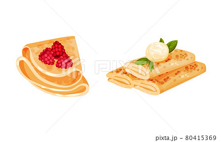 Sweet Crepe or Pancake Served with Cheese and Raspberry Filling Vector Set 80415369