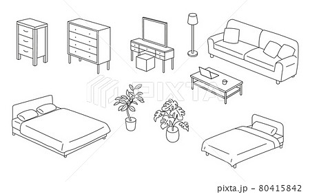 上から見た家具の線画 セットのイラスト素材