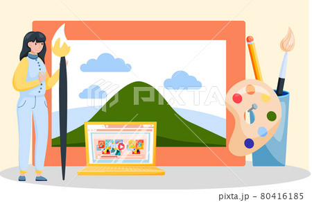 Online painting workshop concept. Artist creativity process with paint and brushes distance learning 80416185