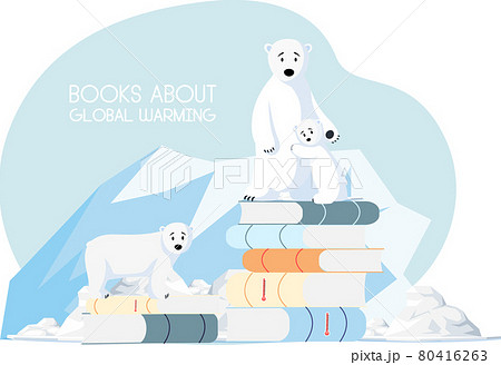 Polar bears stand on stack of books about global warming. Animals suffer from melting glaciers 80416263