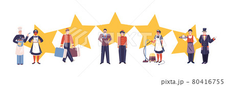 Banner with hotel staff team with five stars in flat style vector illustration Banner with hotel staff team with five stars in flat style vector illustration 80416755