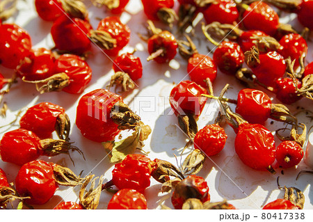 Many rose hips are dried in the sun Many rose hips are dried in the sun 80417338