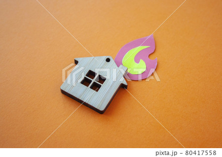 Fire house, insurance and mortgage concept. Small wooden house 80417558