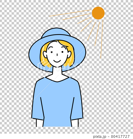 熱中症対策 太陽の下でuvカットの帽子をかぶっている笑顔の可愛い女性 イラスト シンプル ベクターのイラスト素材
