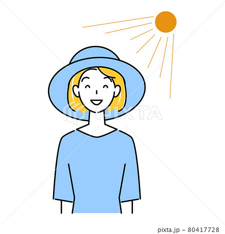 熱中症対策 太陽の下でuvカットの帽子をかぶっている笑顔の可愛い女性 イラスト シンプル ベクターのイラスト素材 熱中症対策 太陽の下でuvカットの帽子をかぶっている笑顔の可愛い女性 イラスト シンプル ベクターのイラスト素材