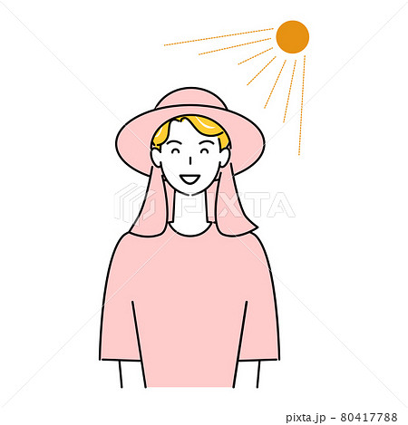 熱中症対策 太陽の下でバックシェード付きのuvカットの帽子をかぶっている笑顔の可愛い男性 イラストのイラスト素材