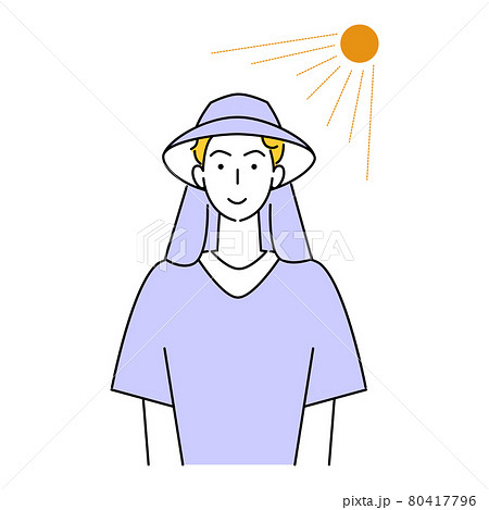 熱中症対策 太陽の下でバックシェード付きのuvカットの帽子をかぶっている笑顔の可愛い男性 イラストのイラスト素材 熱中症対策 太陽の下でバックシェード付きのuvカットの帽子をかぶっている笑顔の可愛い男性 イラストのイラスト素材