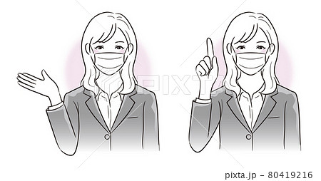 モノクロ線画 スーツ女性 マスク 案内と指さし説明 モノクロ線画 スーツ女性 マスク 案内と指さし説明 80419216