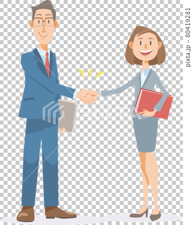 一個微笑著握手的商務人士。女人和男人。團隊合作和成功的形象。 80419281