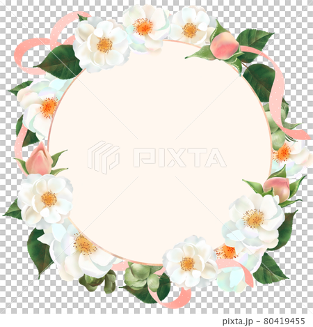 水玉模様のピンクのリボンのついた白い花とつぼみと植物の白バックのリースフレームイラスト素材 80419455