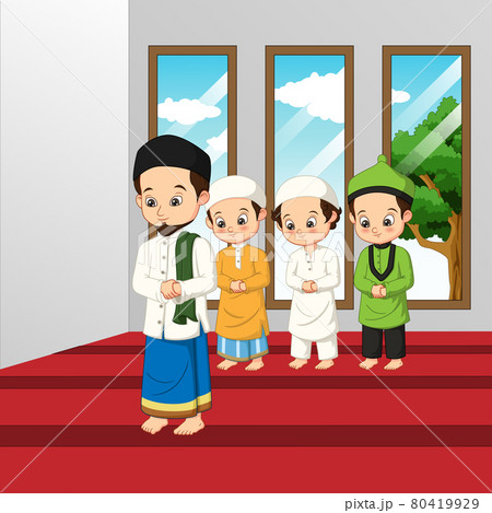 Muslim man and kid praying in a mosque	 80419929