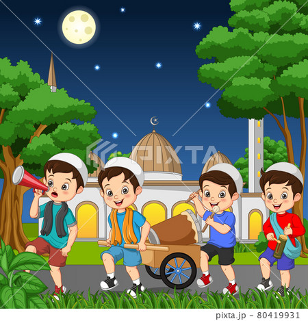 Happy muslim kid celebrating Eid mubarak with hitting drum, kentongan and megaphone	 80419931