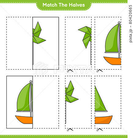Match the halves. Match halves of Sailboat and Pinwheels. Educational children game, printable worksheet, vector illustration 80420665