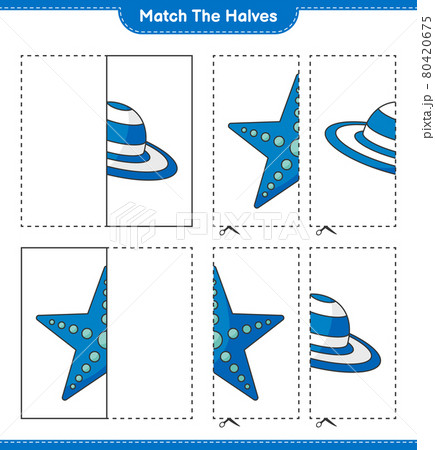 Match the halves. Match halves of Summer Hat and Starfish. Educational children game, printable worksheet, vector illustration 80420675